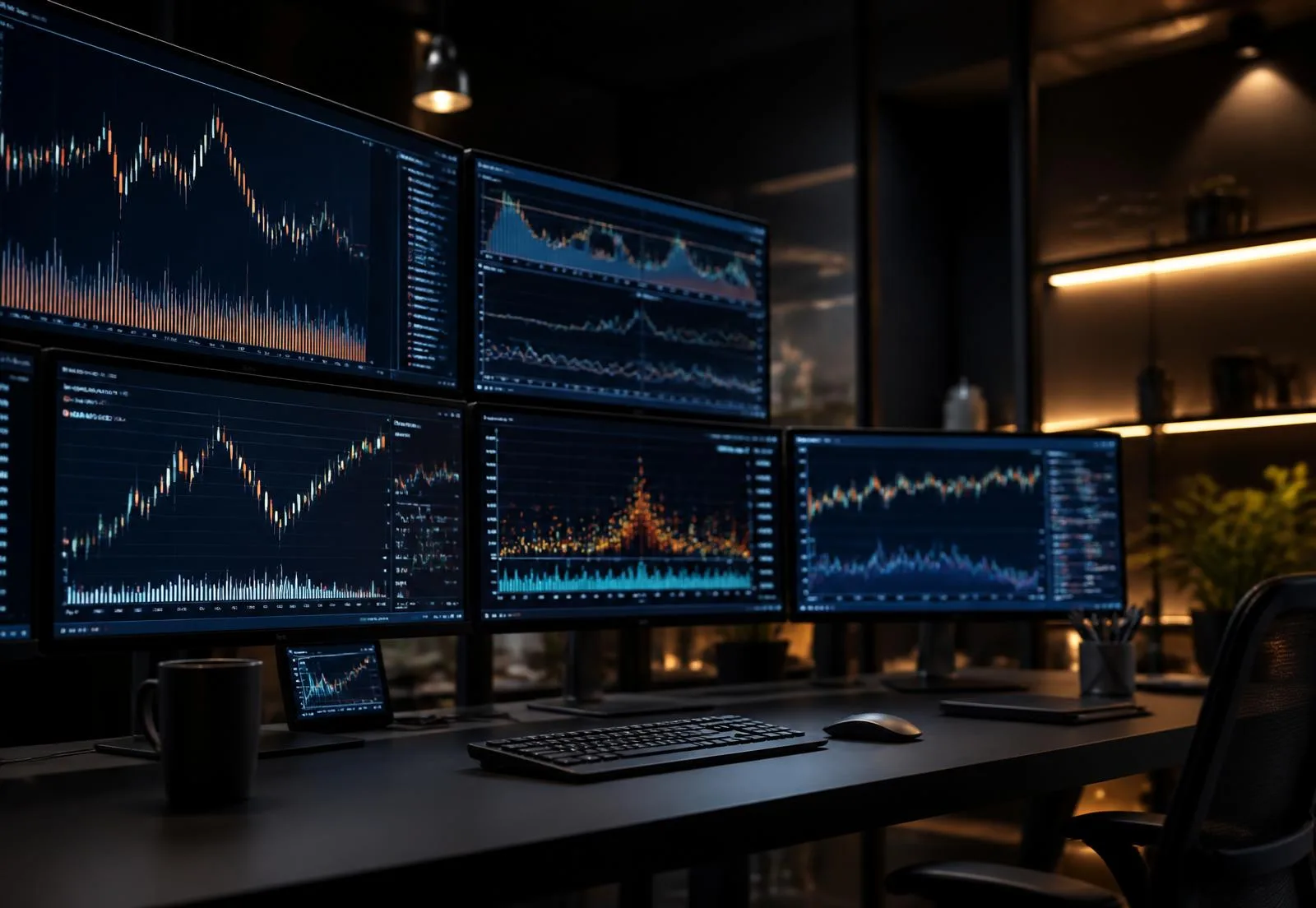 Quantitative analytics workspace with financial data visualizations
