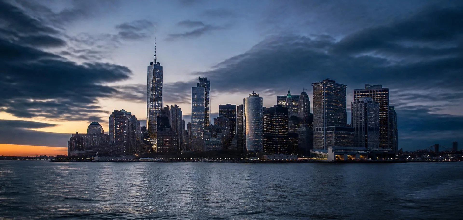 Lower Manhattan skyline at dusk